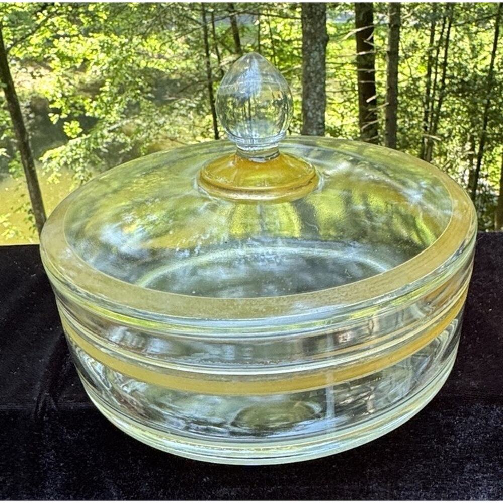 Vintage Tiffin Glass Lidded Candy Dish with a Gold Accents -C3